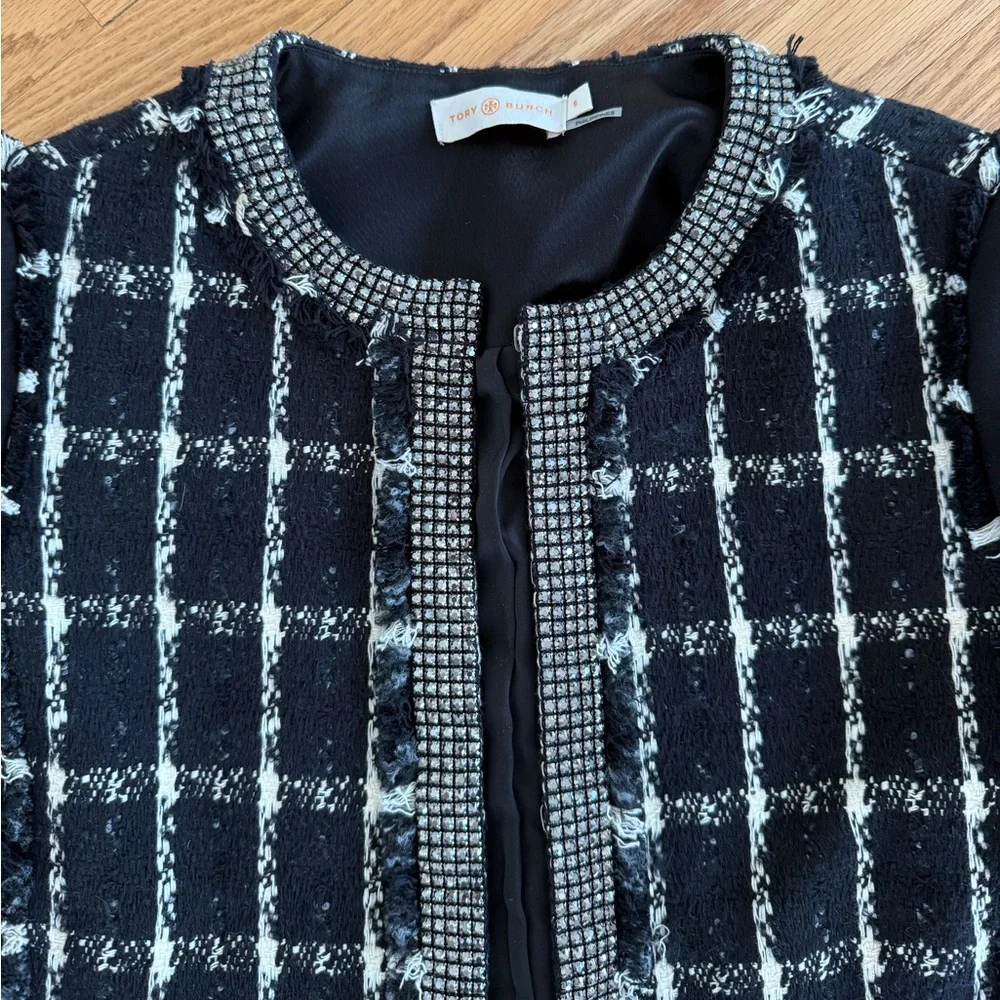Tory Burch Marisol Black Holiday Stitch Plaid Gorgeous Jacket Size 6